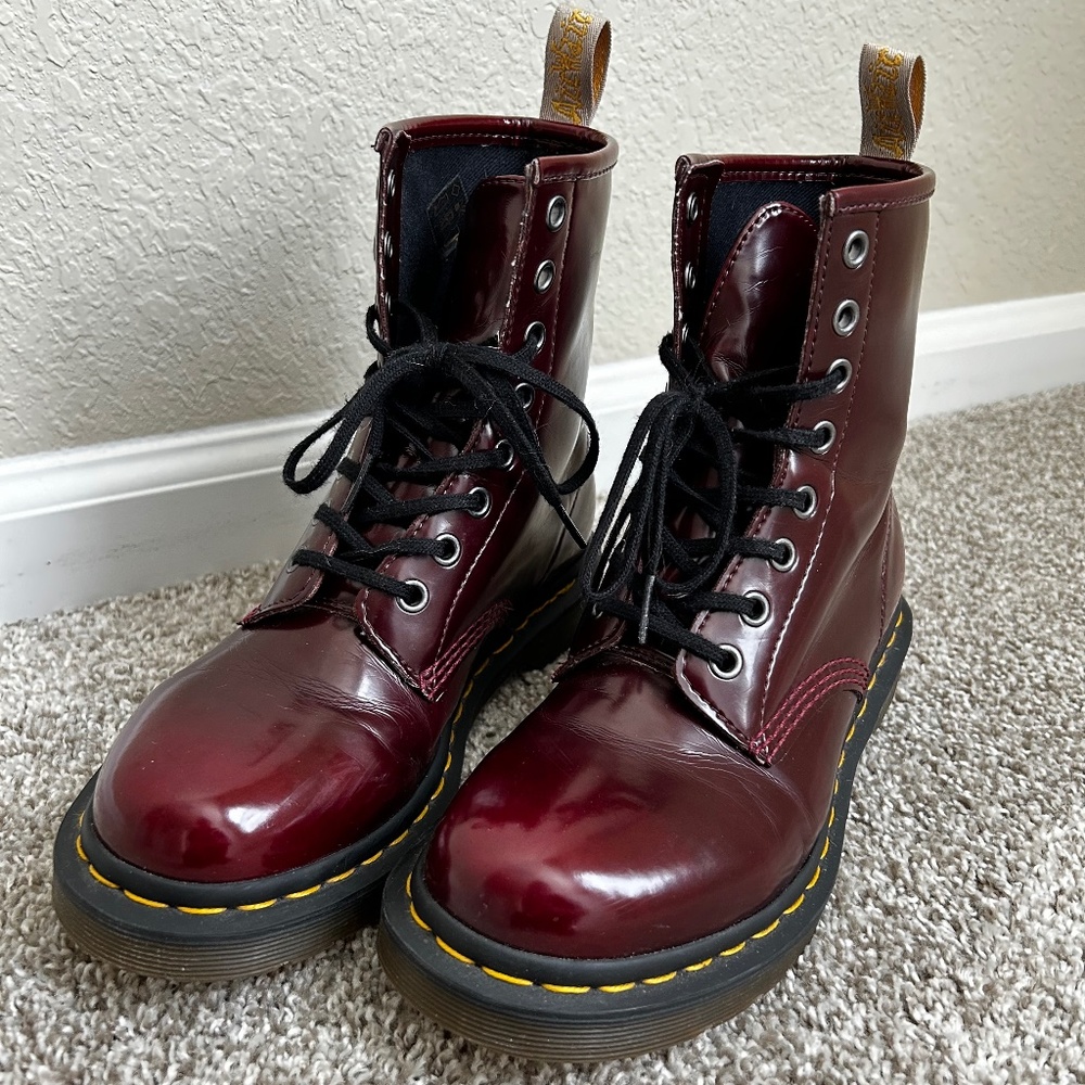DR. MARTENS VEGAN 1460 LACE UP BOOTS- Cherry Red — Oxford Rub Off